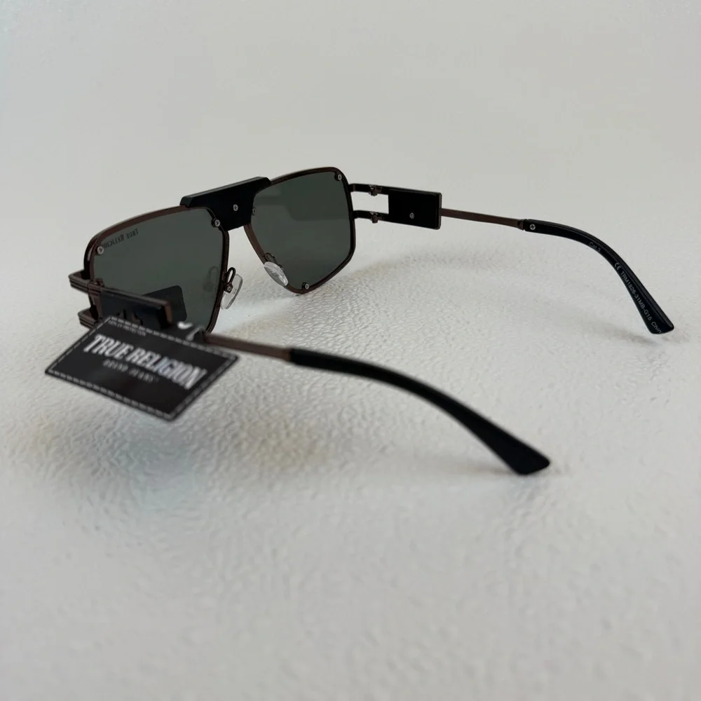 NWT True Religion Aviator Sunglasses Solid Lens Brown Frame Bold Hardware Unisex